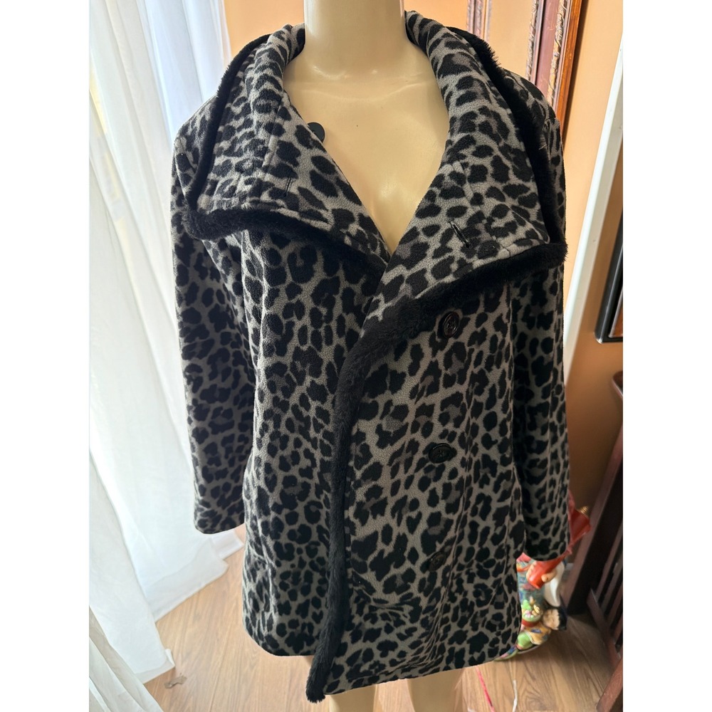 Ellen Reyes Grey Leopard‎ Print Fleece Pea Coat Faux Fur Trim Jacket Women